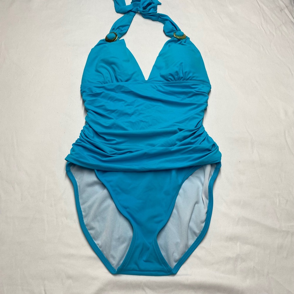 Lauren Ralph Lauren Turquoise Blue Ruched Halter One Piece Swimsuit Size 8